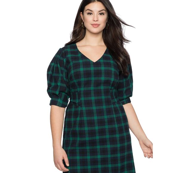 Eloquii Cotton Flannel Green Navy Plaid Tie Back Office Casual Fall Winter Dress - Picture 3 of 16